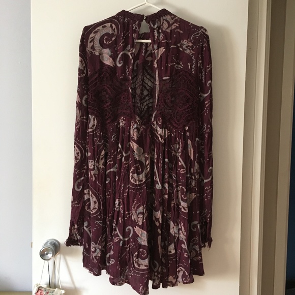 FREE PEOPLE  Burgundy Wine Print Lace Cut Out Front Dress M - Picture 5 of 7